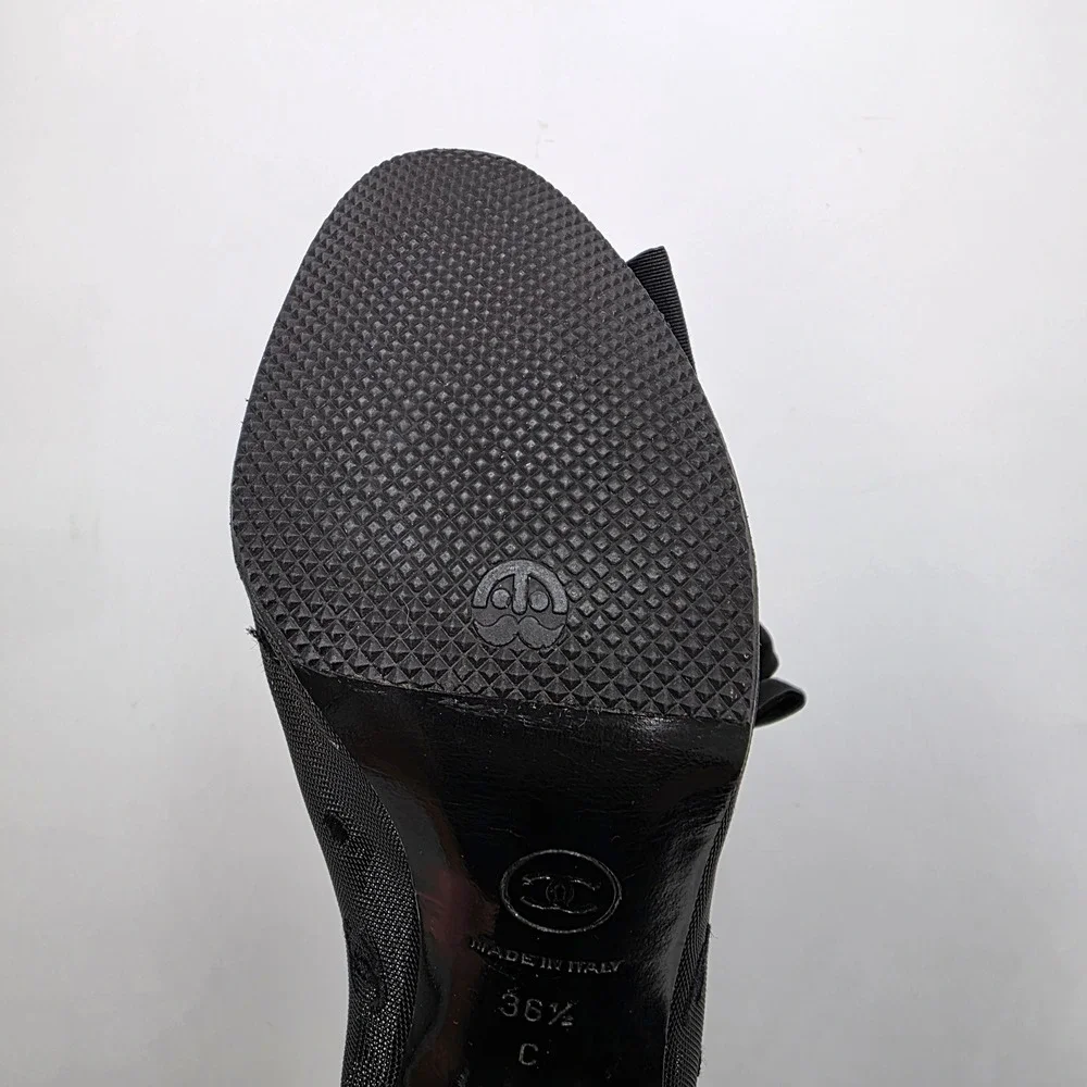 Chanel Black Mesh CC Logo Bow Peep Toe Mid Calf Stiletto Boots 36.5 C Italy